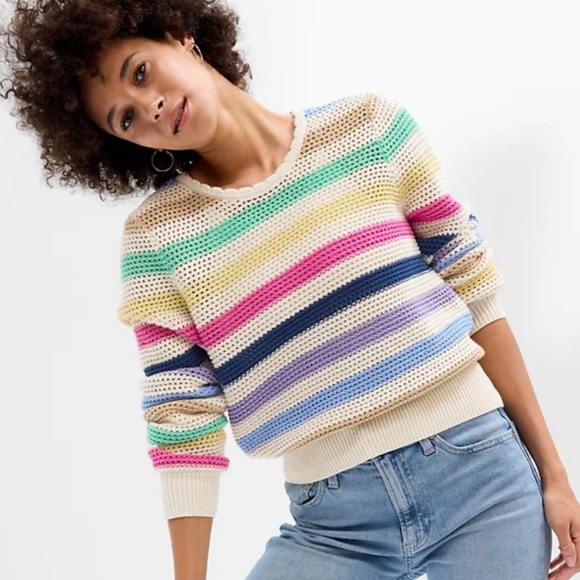 GAP Sweaters - GAP Cream Open-Knit Crewneck Sweater with Rainbow Stripes